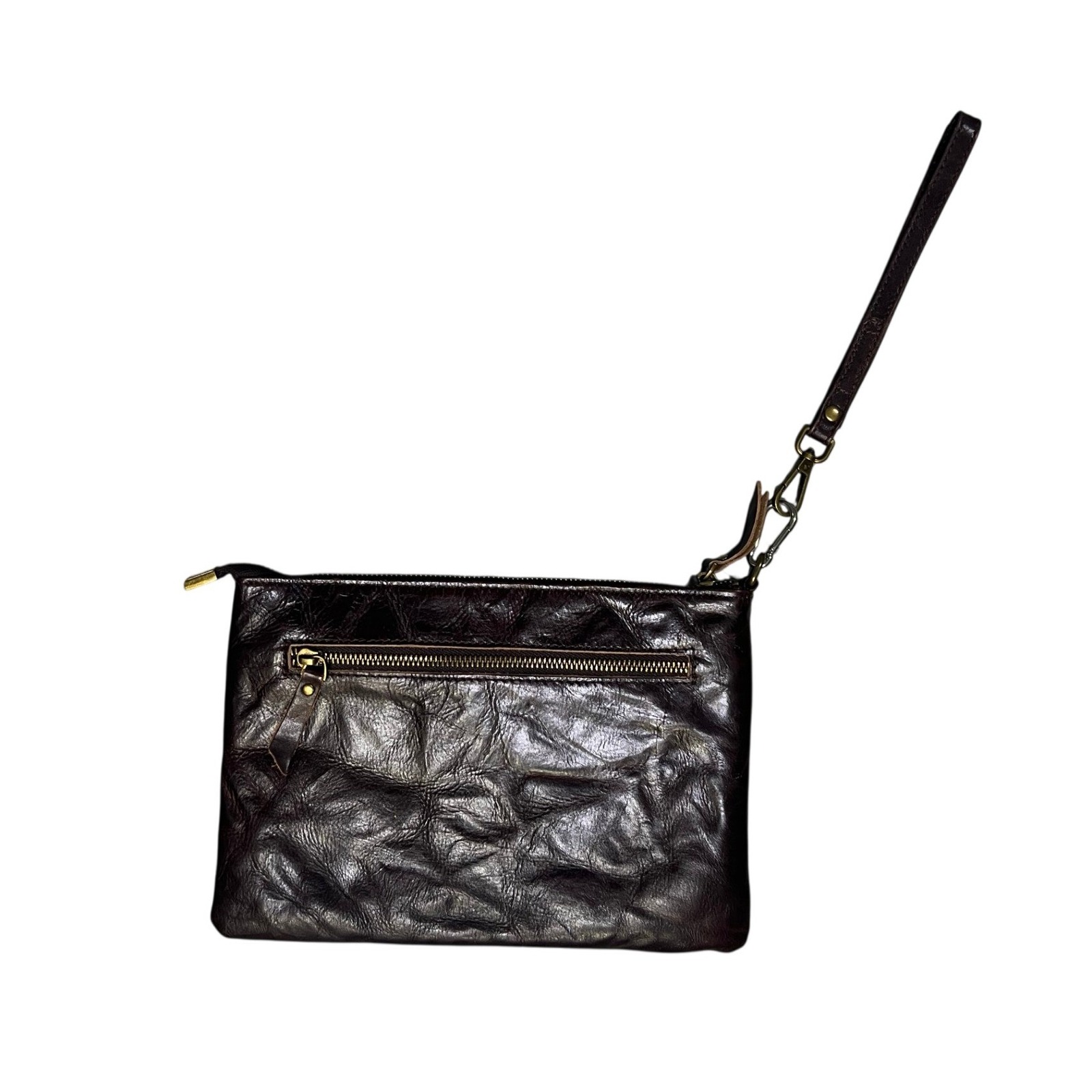Dark Brown Distressed Crinkle Leather Wristlet Clutch Bag Brass Hardware Zip